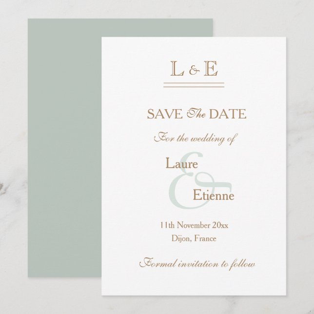 Convite Monograma Salva Data Ampersand Dourado Sage Branco (Frente/Verso)