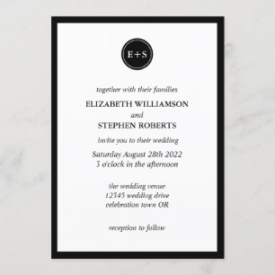 Convite Monograma Simples  Casamento de preto e branco