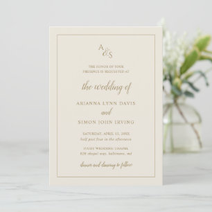 Convite Monograma Simples Casamento Dourado de marfim