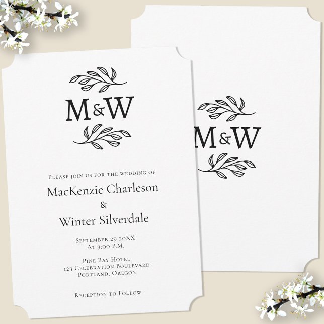 Convite Monograma Simples de Casal de Casamento Mínimo (Wedding couple monogram initials botanical leaf sprig minimalist wedding invitation)