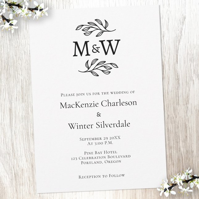 Convite Monograma Simples de Casal de Casamento Mínimo (Wedding couple monogram initials simple elegant botanical wedding invitation)