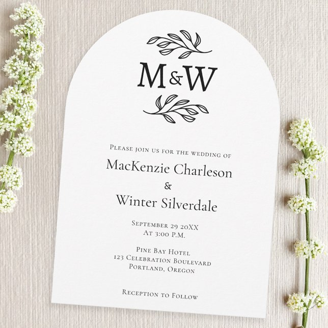 Convite Monograma Simples de Casal de Casamento Mínimo (Modern arch wedding invitation with couple monogram initials and botanical leaf sprig line art)