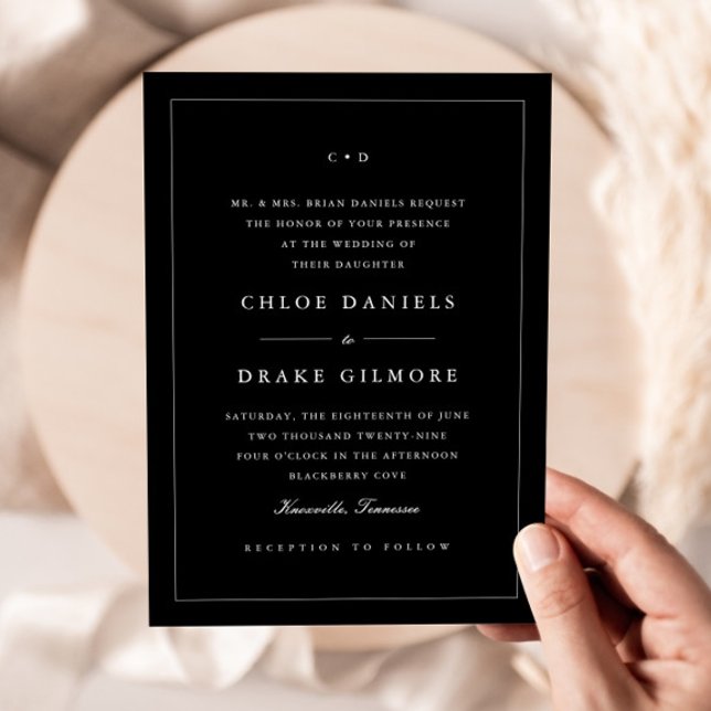 Convite Monograma Simples de Casamento Preto e Branco (Simple Black and White Wedding Monogram Invitation.)