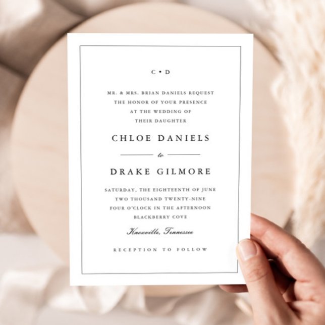 Convite Monograma Simples de Casamento Preto e Branco (Simple Black and White Wedding Monogram Invitation.)