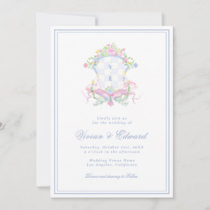Convite Monograma Swan Crest Azul Costeiro Casamento