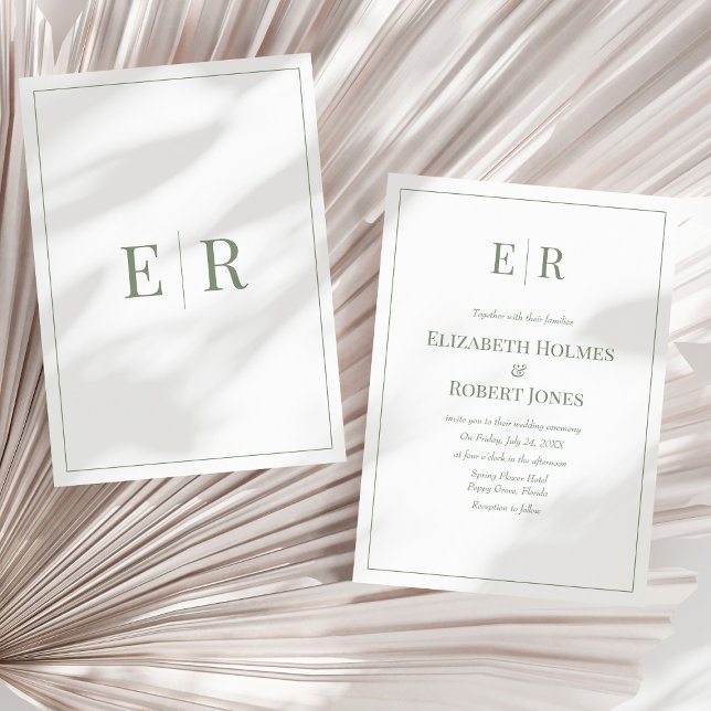 Convite Monograma Verde Azul Moderno Casamento Não Fotográ (Olive Minimalist Monogram Non Photo Wedding Invitation on a sunny neutral dry palm leaf.)