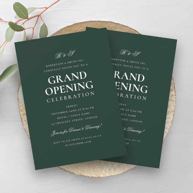 Convite Monograma verde de grande abertura da empresa form (Formal Corporate Grand Opening Monogram Green Invitation)