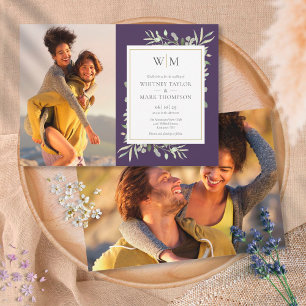 Convite Monograma Verde Roxo Foto Casamento