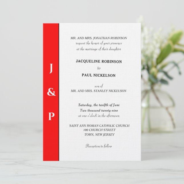 Convite Monograma Vermelho Branco Minimalista (Em pé/Frente)