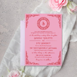 Convite Monograma Vintage em Renda Desenhada à Mão Rosa Ve