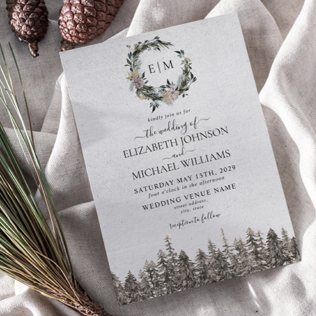 Convite Monograma Wercolor Floral Wreath Casamento (Winter Wedding Invitation)