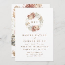 Convite Monograma Wreath Pampas Grass Floral Tropical Whit