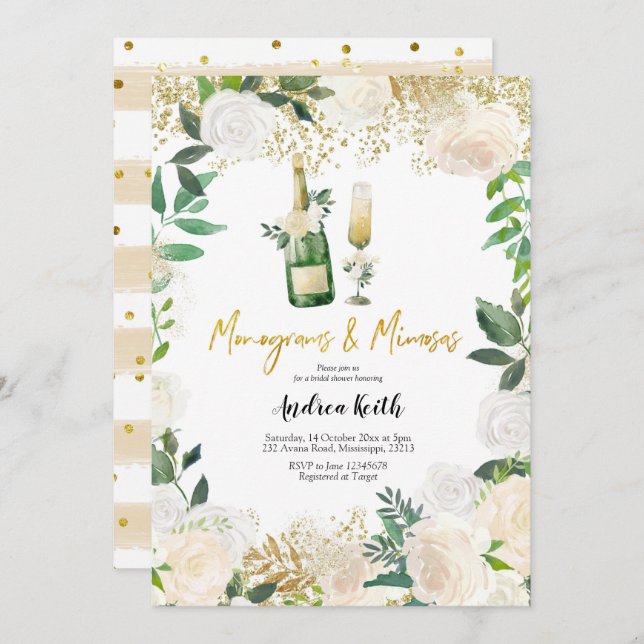 Convite Monogramas brancos florais e Chá de panela Mimosas (Frente/Verso)