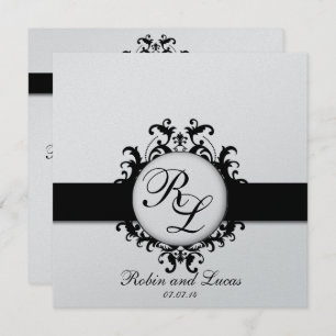 Convite Monogramas chiques do damasco que Wedding o branco