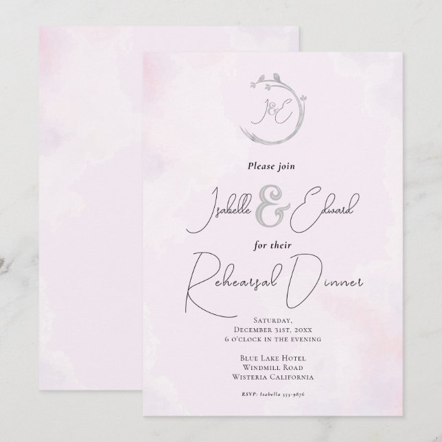 Convite Monogramas de Pássaros do Amor Cinza Aquarela Rosa (Frente/Verso)