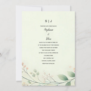 Convite Monogramas Folhas Florais Sage Green Beige Casamen
