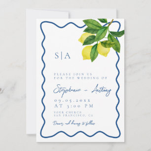 Convite Monogramas Limão Cítrico, Borda Onda Azul Casament