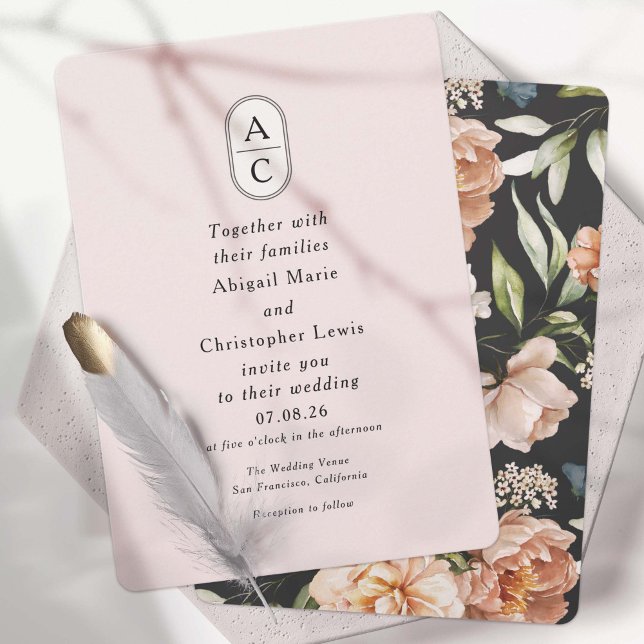 Convite monogramas simples de casal arquitetado de blush m (Modern wedding invitation with soft blush background, features modern arch with couple initials.)