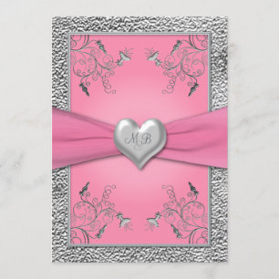 Convite Monogrammed do rosa e do coração do pelt
