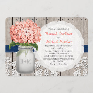 Convite Monogrammed Mason Jar Coral Marinho Hydrangea Casa