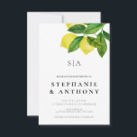 Convite Monograms Lemon Branch Greenery Wedding<br><div class="desc">This 5x7 invitation design features a clean, minimalist black-on-white layout with a refined botanical accent. A delicate lemon citrus branch with leafy greenery is placed in the upper right corner, adding a subtle organic detail that balances the composition without overwhelming it. The typography is structured and understated, with a clear...</div>