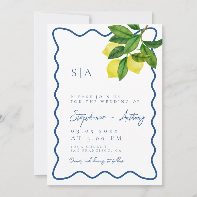 Convite Monograms Lemon Citrus, Blue Wave Border Wedding   (Frente)