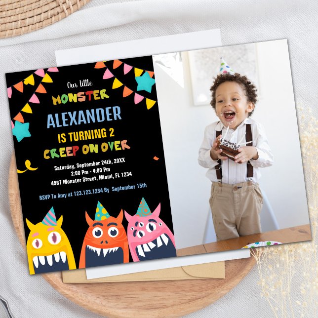 Convite Monster Birthday Invances Foto preta (Monster Birthday Invitations Black photo)
