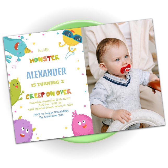 Convite Monster Birthday Invances Foto Verde Clara (Monster Birthday Invitations Light Green photo)