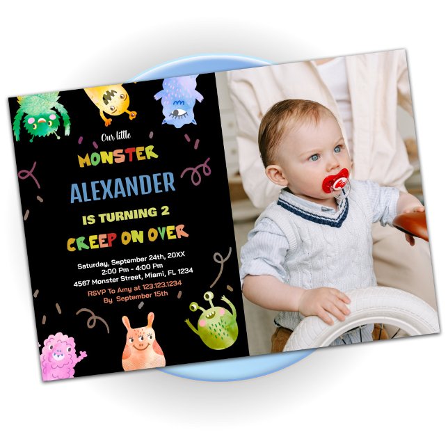 Convite Monster Birthday Invances Orange Black foto (Monster Birthday Invitations Orange Black photo)