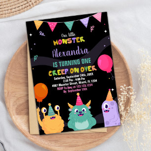 Convite Monster Birthday Invances Rosa Ballon Preto