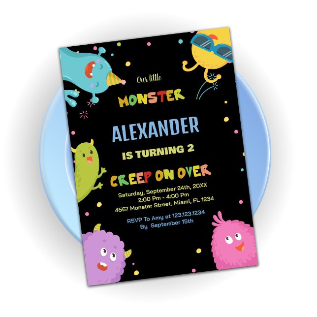 Convite Monster Birthday Invances Verde Claro Preto (Monster Birthday Invitations Light Green Black)