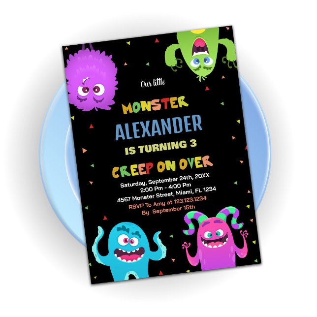 Convite Monster Birthday Invances Verde Preto (Monster Birthday Invitations Green Black)