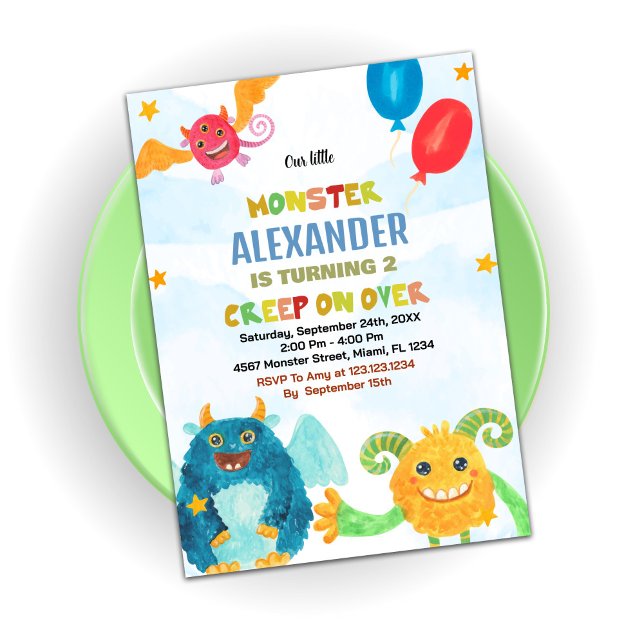 Convite Monster Birthday Invants Watercolor (Monster Birthday Invitations Watercolours)