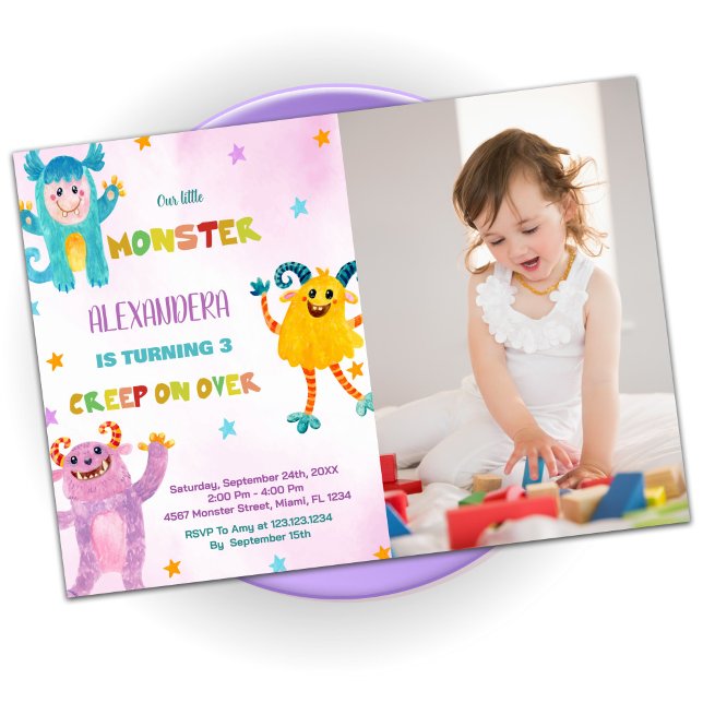 Convite Monster Birthday Invisions pink roxo w Photo (Monster Birthday Invitations pink purple w Photo)