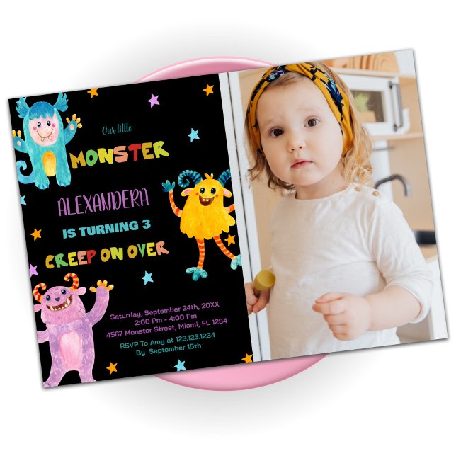 Convite Monster Birthday invita preto roxo com foto (Monster Birthday Invitations purple Black w photo)