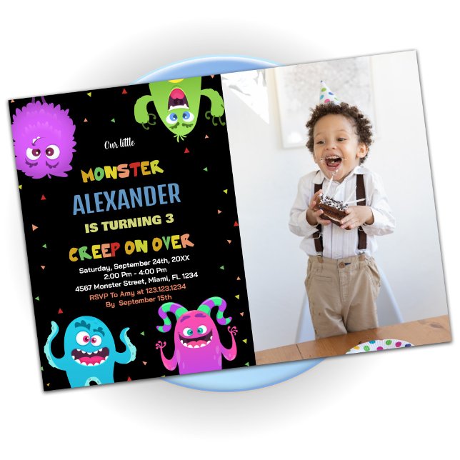 Convite Monster Birthday Invments Foto verde preta (Monster Birthday Invitations Green Black photo)