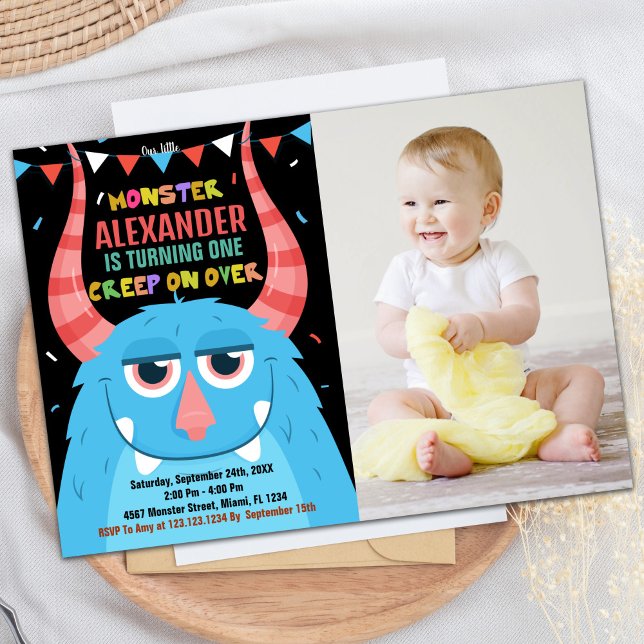 Convite Monster Birthday Invoca Foto Azul Preta (Monster Birthday Invitations Blue Black Photo)