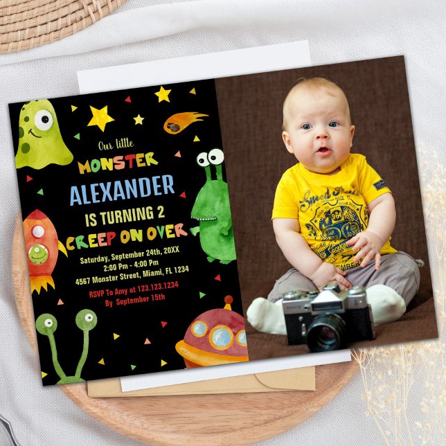 Convite Monster Birthday Invtions Black com foto (Monster Birthday Invitations Black with photo)