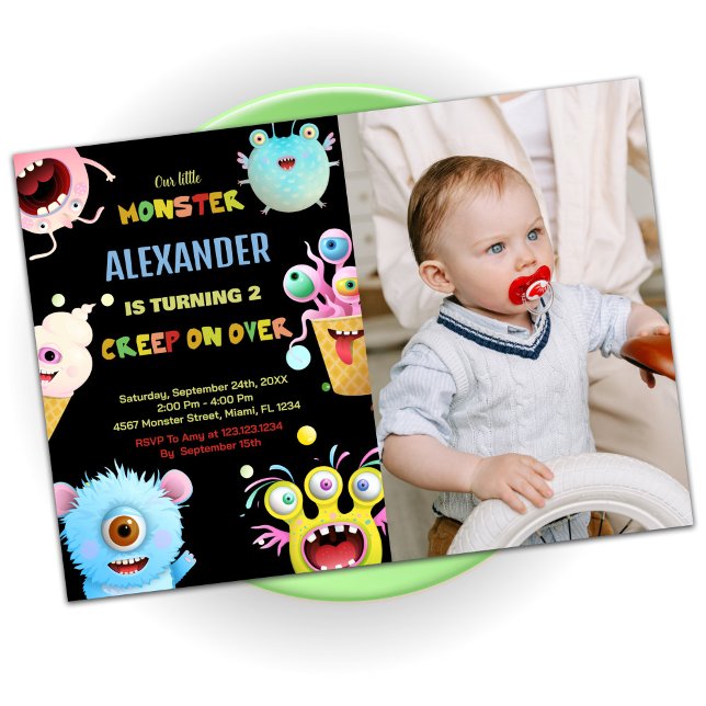 Convite Monster Birthday Invtions Black com foto (Monster Birthday Invitations Black with photo)