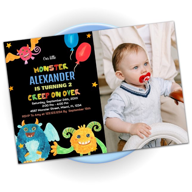 Convite Monster Birthday Invtions Black com foto (Monster Birthday Invitations Black with photo)