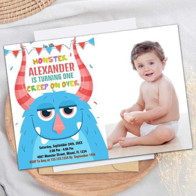 Convite Monster Birthday Invtions Blue com foto (Monster Birthday Invitations Blue with photo)
