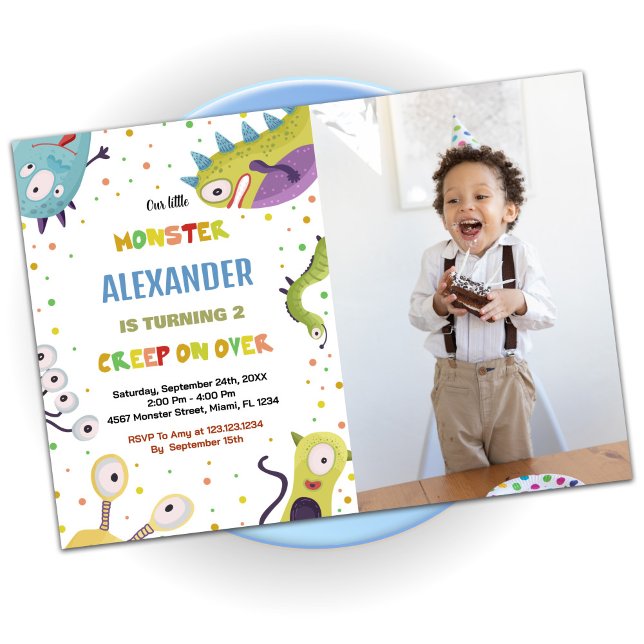 Convite Monster Birthday Invtions Dark Green com foto (Monster Birthday Invitations Dark Green with photo)