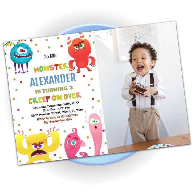 Convite Monster Birthday Invtions Red com foto (Monster Birthday Invitations Red with photo)