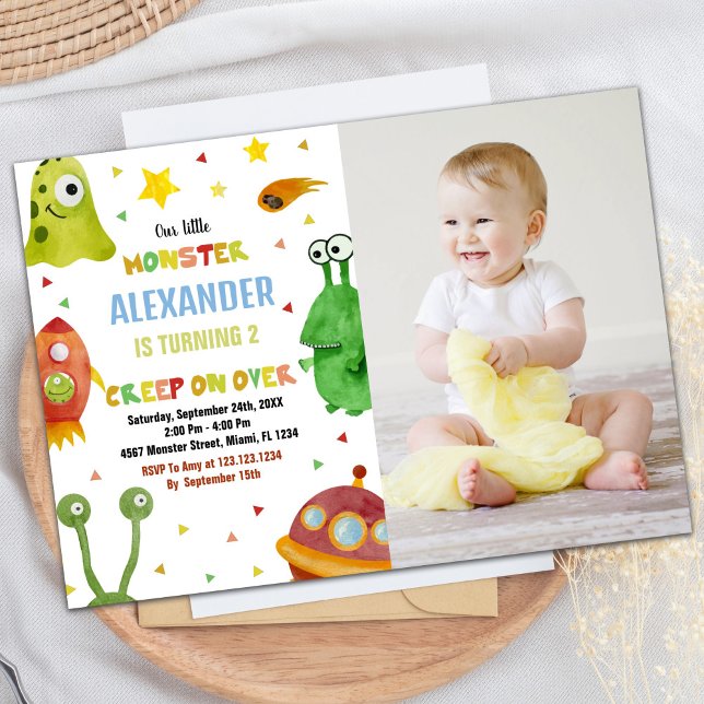 Convite Monster Birthday Invtions White com foto (Monster Birthday Invitations White with photo)
