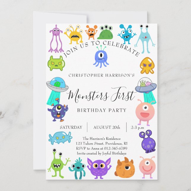 Convite Monster First Birthday Party (Frente)