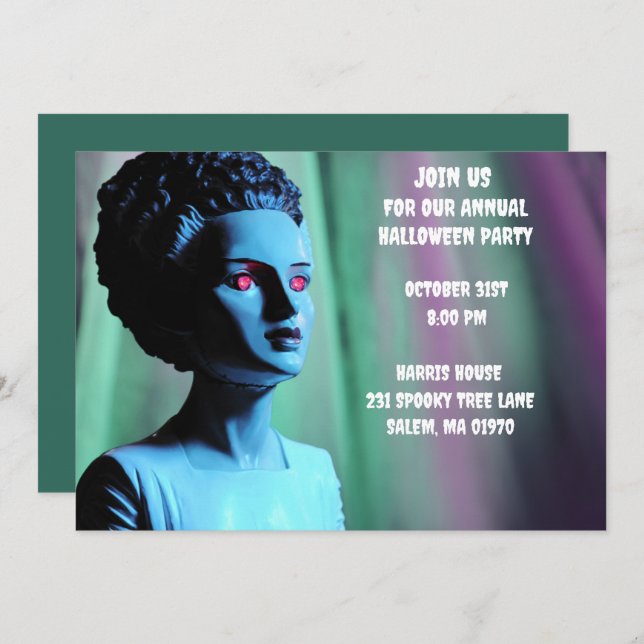 Convite Monster Green e Purple Bride de Frankenstein (Frente/Verso)