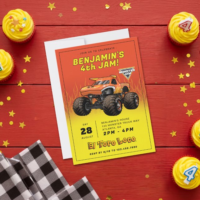 Convite Monster Jam - Aniversário do El Toro Loco (Invitation on simulated table)