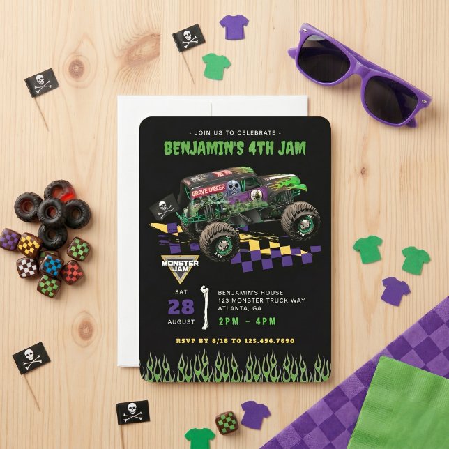 Convite Monster Jam - Aniversário do Grave Digger (Simulated invitation on table)