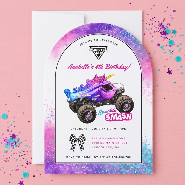 Convite Monster Jam - Aniversário Sparkle Smash (Simulated invitation on table)
