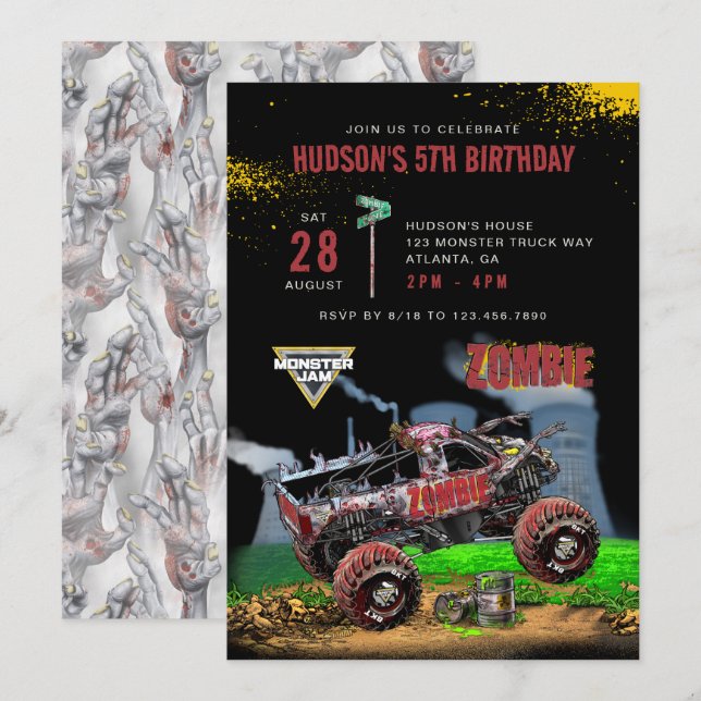 Convite Monster Jam - Aniversário Zumbi (Frente/Verso)